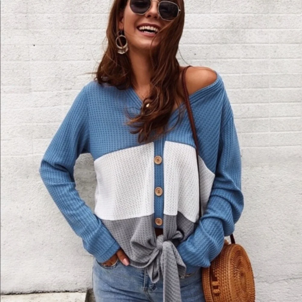 Cozy Button up Waffle Front Tie Top - Picture 8 of 9